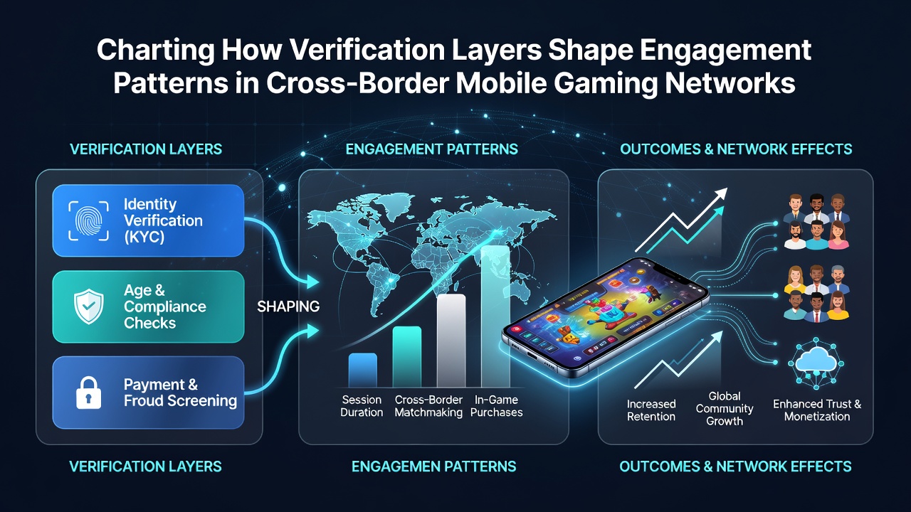 Visualization of verification layers influencing engagement in cross-border mobile gaming networks