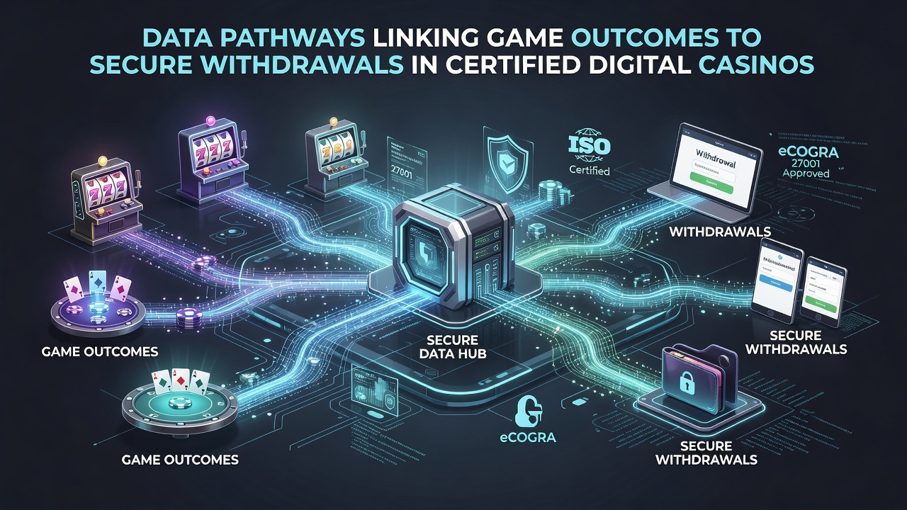 Diagram showing secure verification steps between casino databases and banking networks for player withdrawals