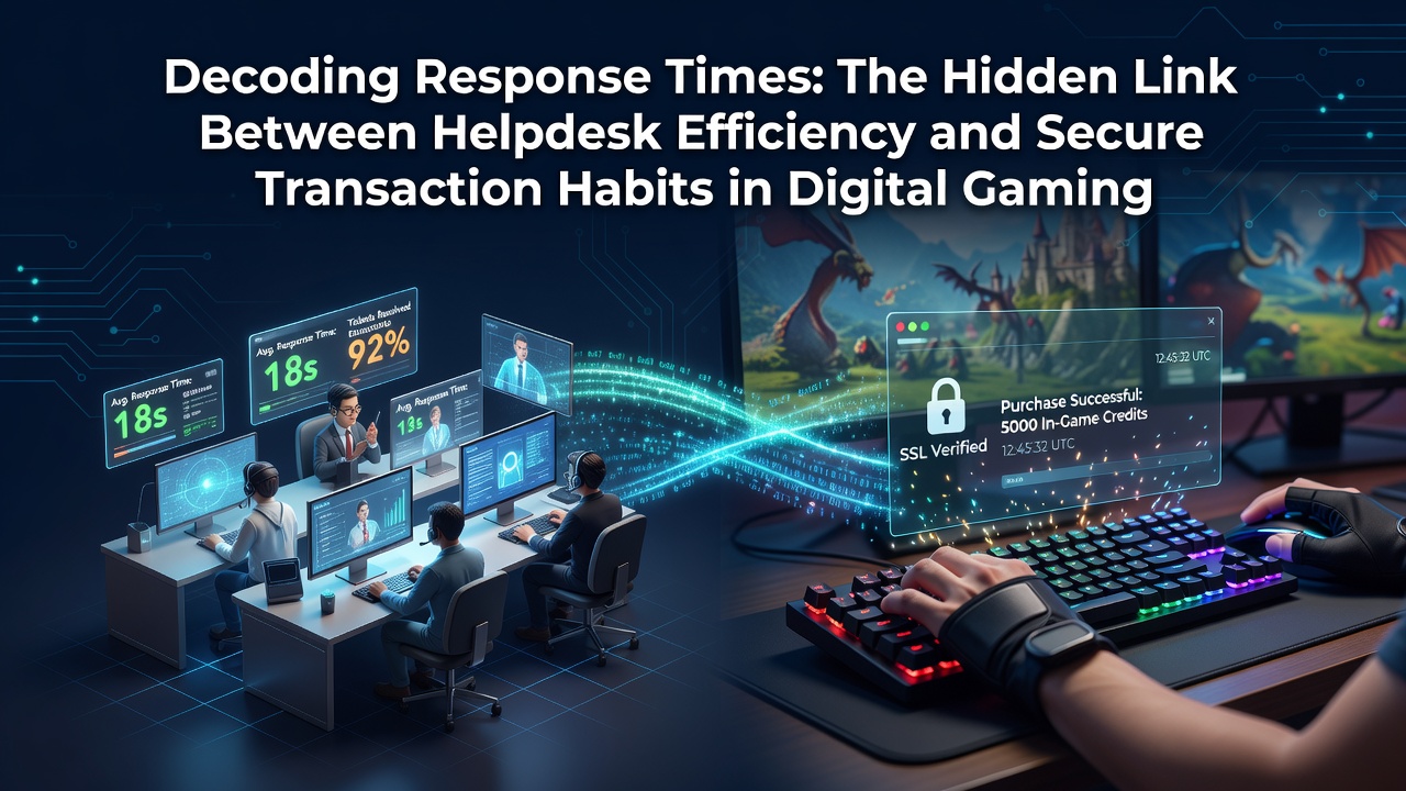 Digital gaming interface showing transaction security metrics and helpdesk response indicators on a secure platform dashboard