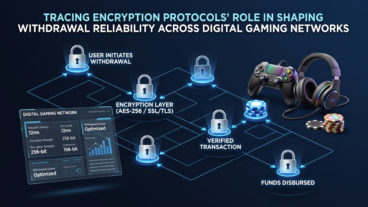 Digital encryption visualization showing secure data flows in gaming networks