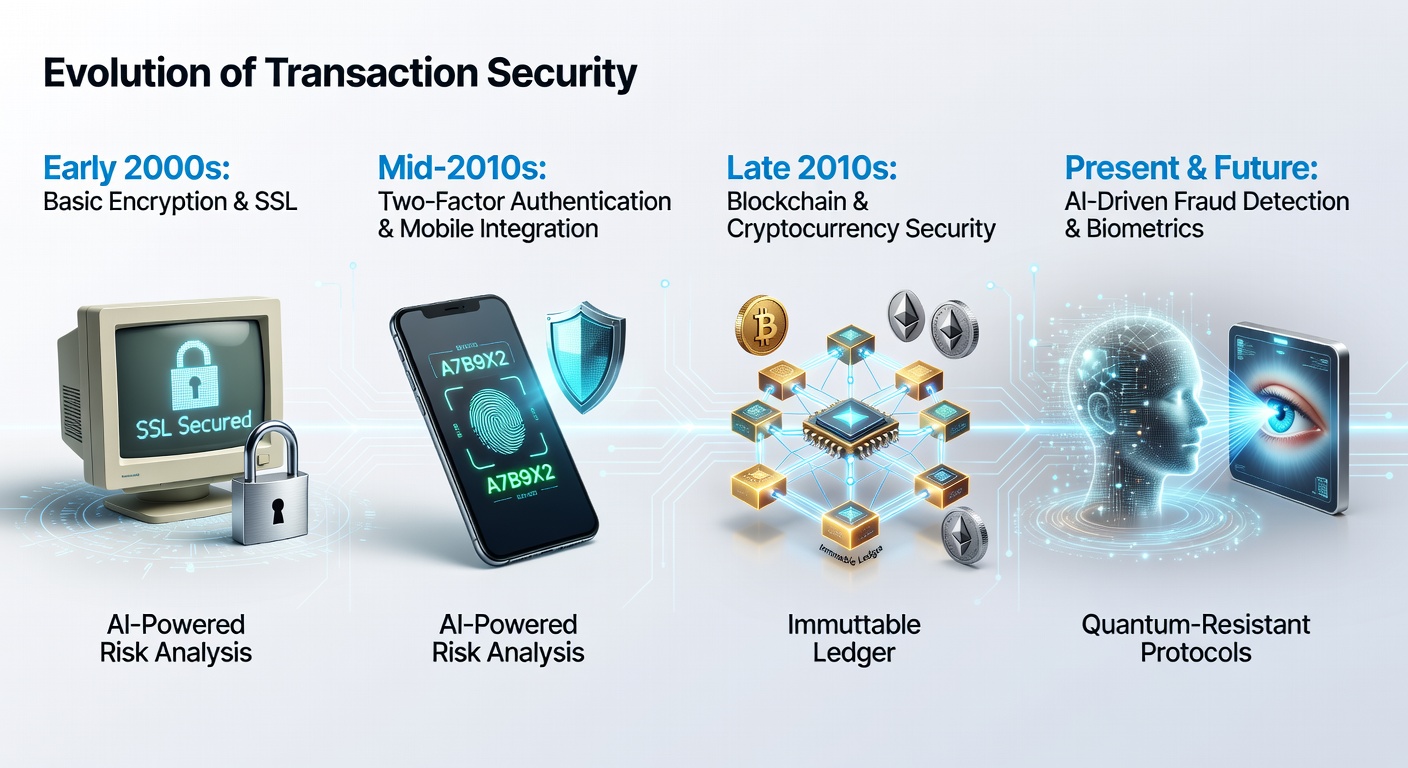 Historical timeline graphic showing key milestones in online gambling transaction security from the 1990s to 2026