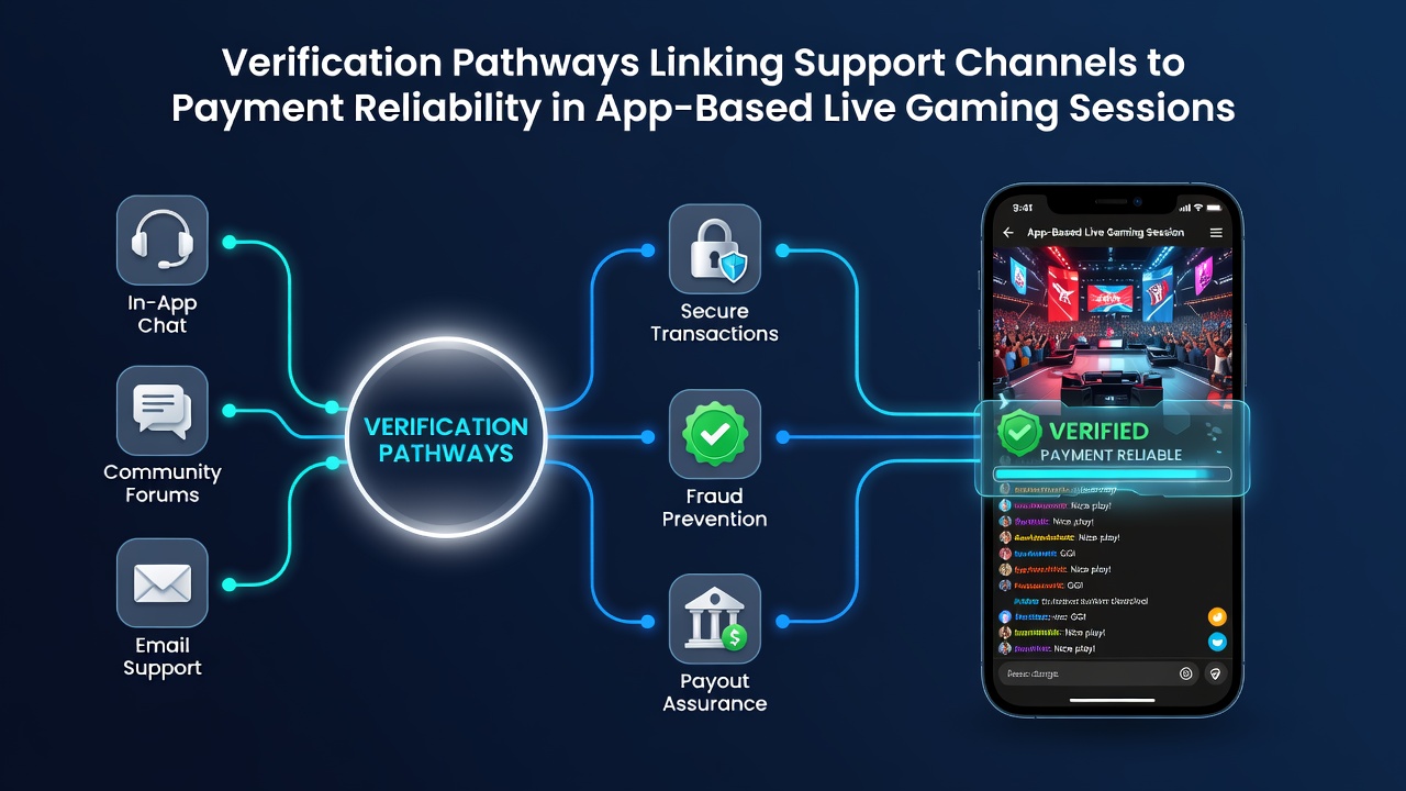 Flowchart illustrating how support queries integrate with verification checks and payment gateways in app-based live gaming