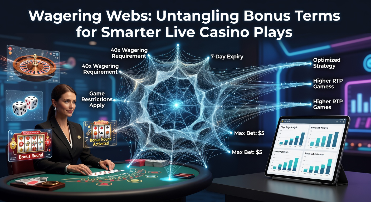 Intricate web symbolizing the complex tangle of wagering requirements in online casino bonuses, with threads labeled as bonus terms and payout paths